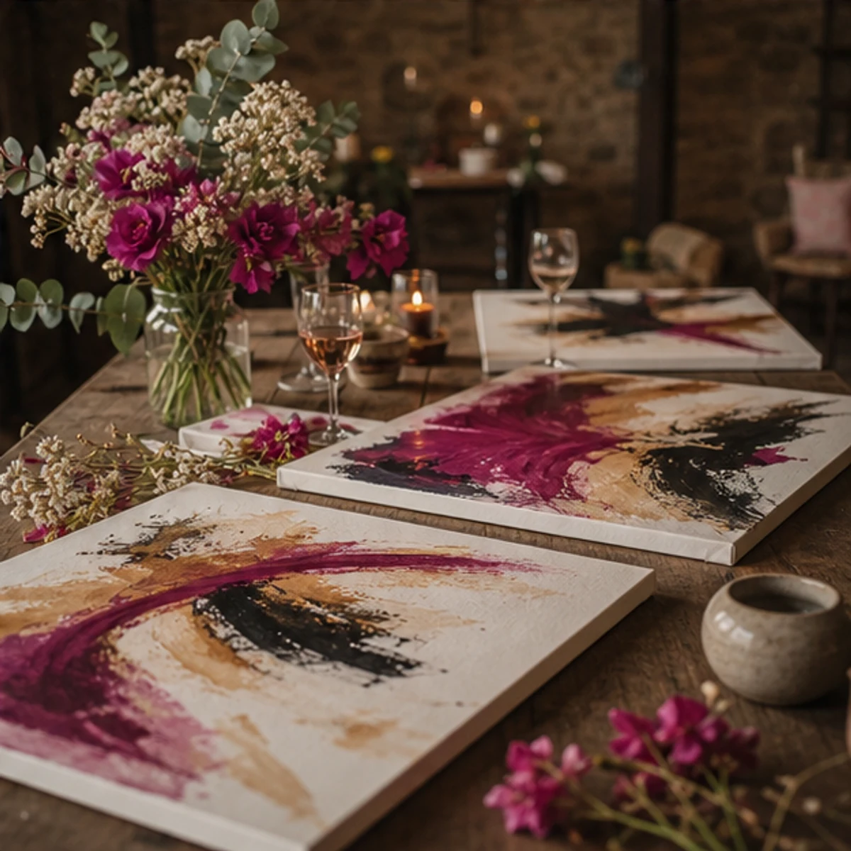 Ilustración editorial abstracta de lienzos secándose junto a flores y luz cálida, evocando una celebración artística