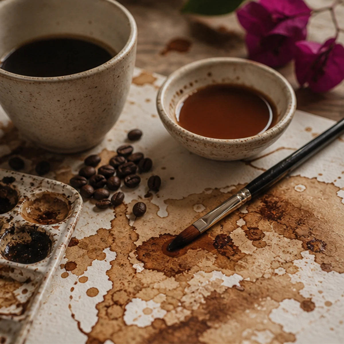 Ilustración editorial abstracta de café colombiano usado como pigmento sobre papel, con trazos de pincel y una taza de cerámica