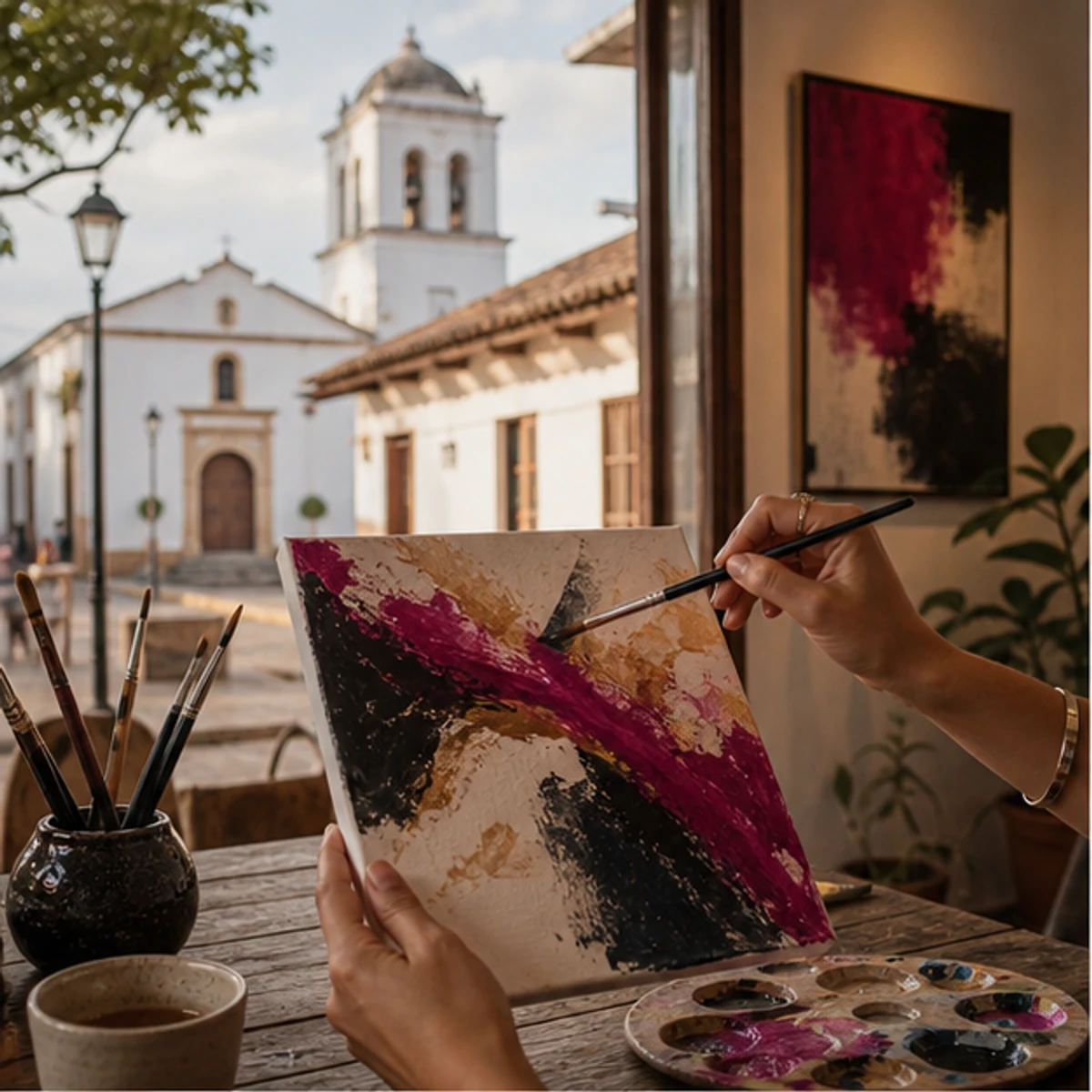 Ilustración editorial abstracta de manos pintando un lienzo junto a una ventana cálida, evocando el turismo creativo en Guadalajara de Buga